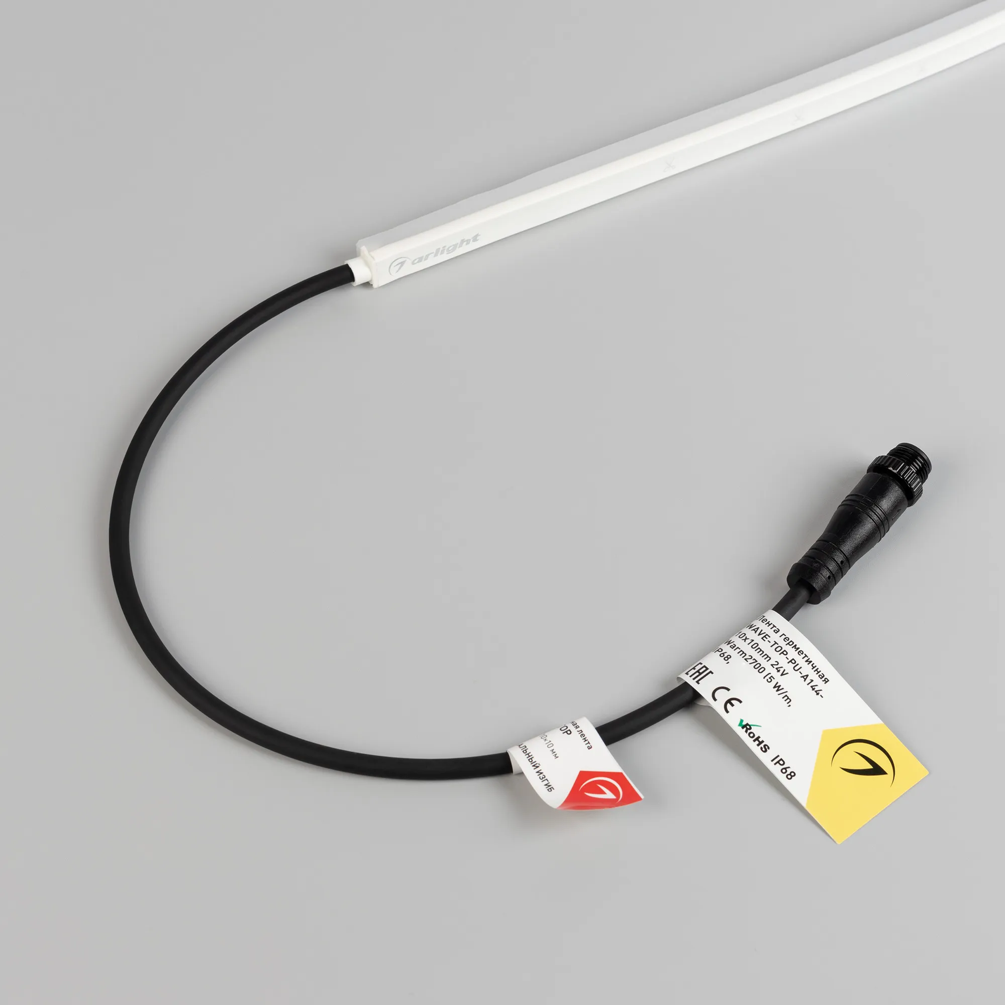Лента герметичная WAVE-TOP-PU-A144-10x10mm 24V Warm3000 (5 W/m, IP68, 3m, wire x1) (Arlight, Вывод боковой, 3 года)